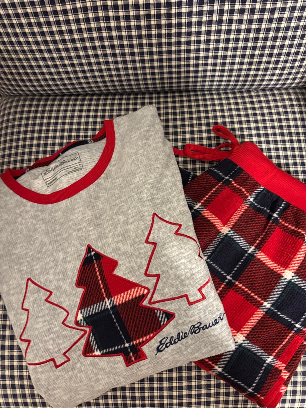 Eddie Bauer Gray Top with Red and Navy Plaid Pajama Set
